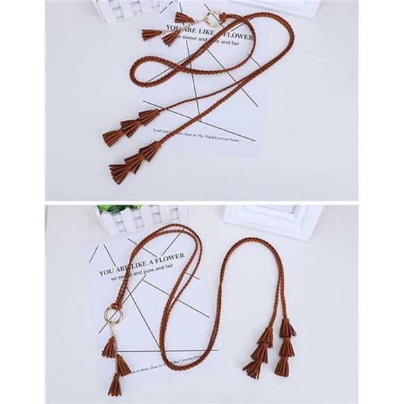 Women Girls PU Leather Waist Belt Chain Skinny Rope with Double Tassel main image 4